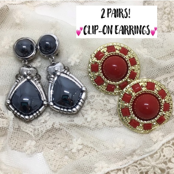 (2) Pairs Chunky Dangle Statement Clip-On Earrings - Picture 1 of 9